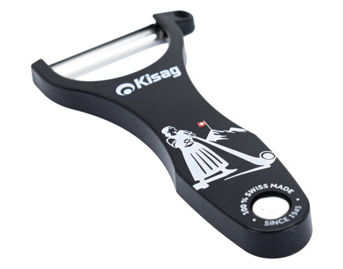 Schwarzer Sparschäler mit Alphorn-Design und beweglicher Edelstahlklinge, ergonomischer Griffform für beidhändige Nutzung.