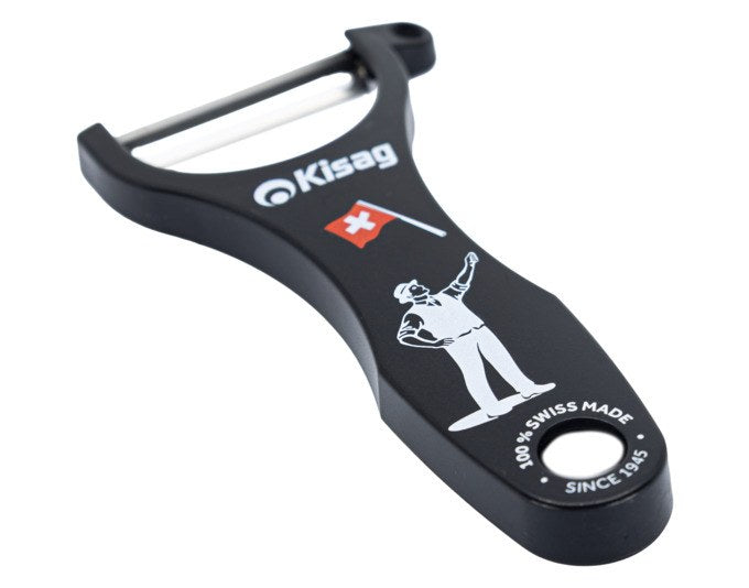 Schwarzer Sparschäler mit beweglicher Edelstahlklinge, Kartoffelaugen-Ausstecher und schlanker, ergonomischer Griffform auf weissem Hintergrund.