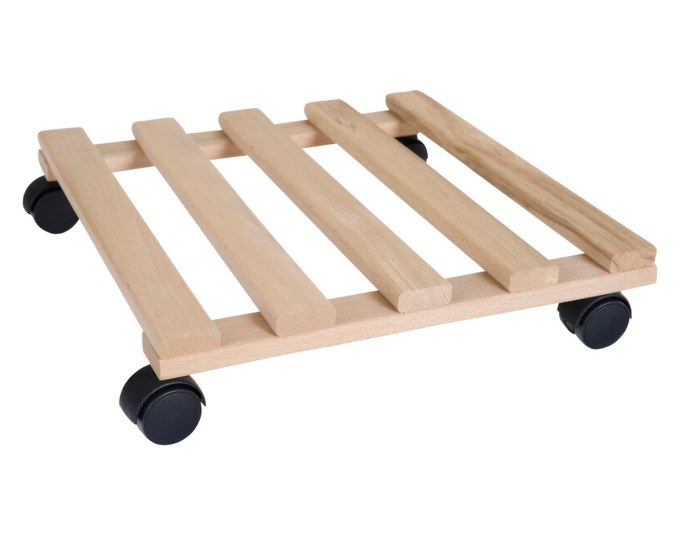 Quadratischer Pflanzenroller aus Buchenholz in Natur/Braun mit vier Rollen aus Polyamid, Grösse 35x35 cm, für Pflanzgefässe.