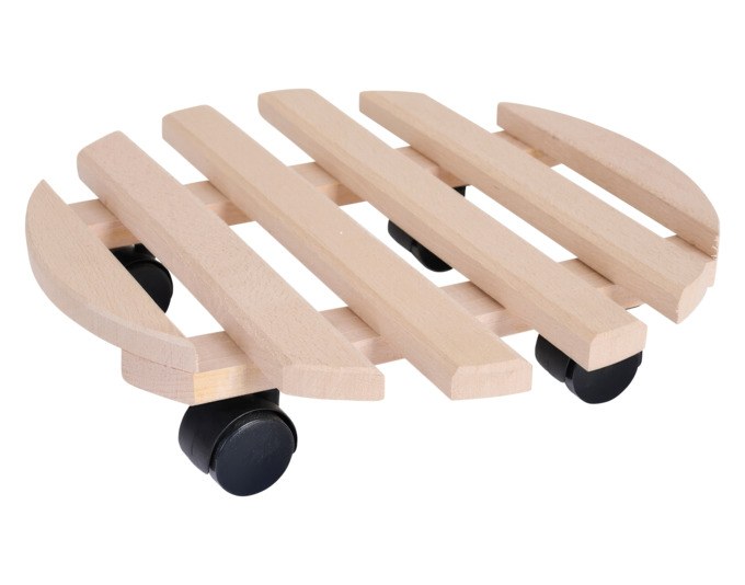 Runder Pflanzenroller aus Buchenholz mit einem Durchmesser von 35 cm, natürliche Holzoptik, für Innen- und Aussenbereich geeignet.