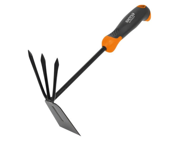 Schwarz-oranges Unkrauthäckchen mit drei Zinken aus pulverbeschichtetem Stahl, 2-Komponenten-Griff, Grip-Line Ausführung, Länge 30.5 cm.