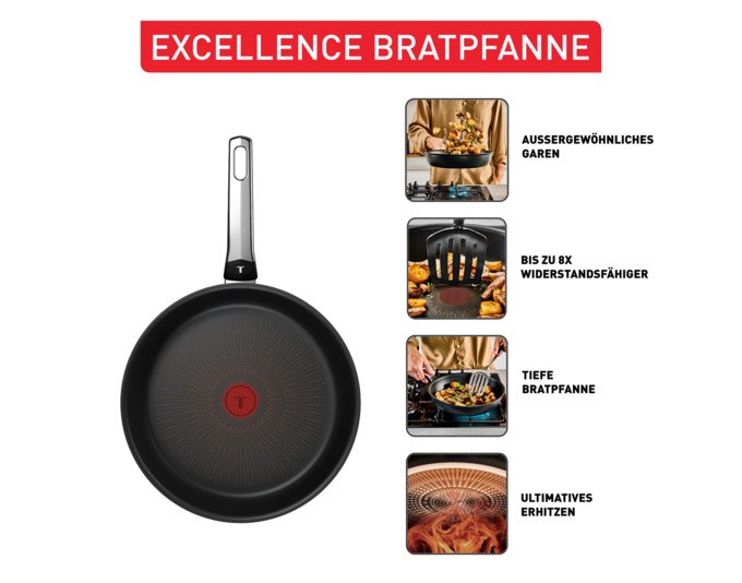 Schwarze TEFAL Bratpfanne Excellence G7 mit 28 cm Durchmesser, Antihaftbeschichtung und Chrom-Silber Griff auf weissem Hintergrund.