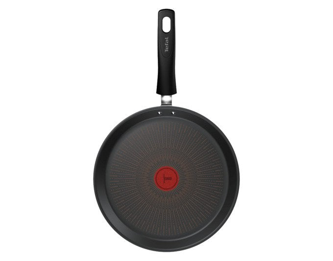 Schwarze TEFAL Crêpepfanne Excellence G7 mit 25 cm Durchmesser, flacher Form und Antihaftbeschichtung, fotografiert von oben.