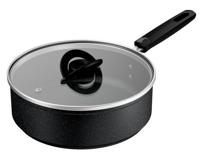 Schwarze TEFAL Schmorpfanne mit Deckel, rund, ø 24 cm, mit Antihaftbeschichtung und Induktionsboden für alle Herdarten.