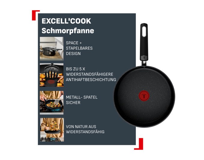 Schwarze TEFAL Schmorpfanne mit Deckel, rund, ø 24 cm, mit Antihaftbeschichtung und Induktionsboden für alle Herdarten.