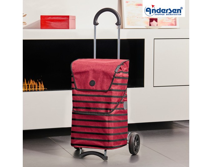 Bordeauxroter Einkaufswagen ANDERSEN Scala Jelke mit Aluminiumgestell, Flüsterrädern und abnehmbarer Einkaufstasche auf vier Rollen.