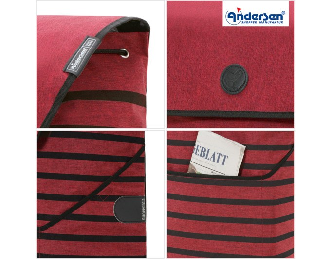 Bordeauxroter Einkaufswagen ANDERSEN Scala Jelke mit Aluminiumgestell, Flüsterrädern und abnehmbarer Einkaufstasche auf vier Rollen.