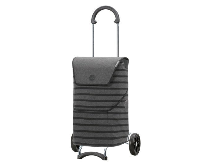 Anthrazitfarbener Einkaufswagen mit Aluminiumgestell, textiler Tasche und zwei Rädern mit 15 cm Durchmesser, Ansicht von vorne.