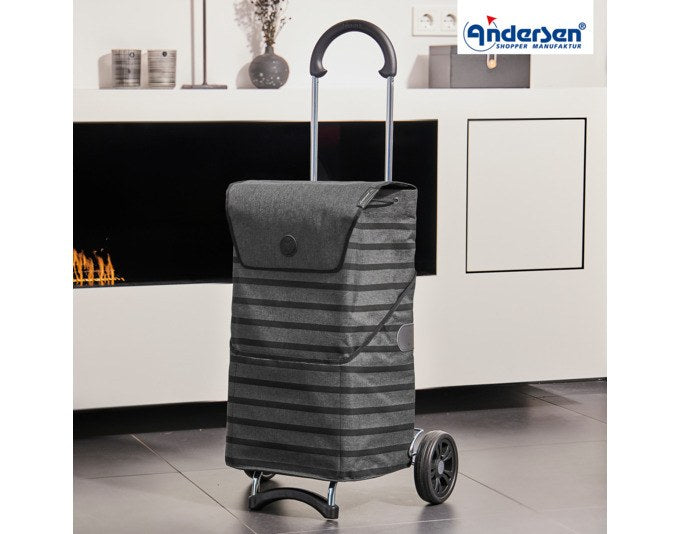 Anthrazitfarbener Einkaufswagen mit Aluminiumgestell, textiler Tasche und zwei Rädern mit 15 cm Durchmesser, Ansicht von vorne.