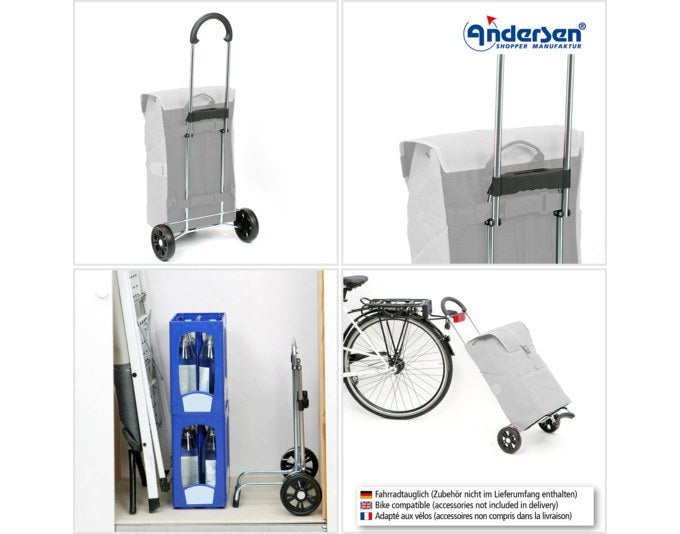 Anthrazitfarbener Einkaufswagen mit Aluminiumgestell, textiler Tasche und zwei Rädern mit 15 cm Durchmesser, Ansicht von vorne.