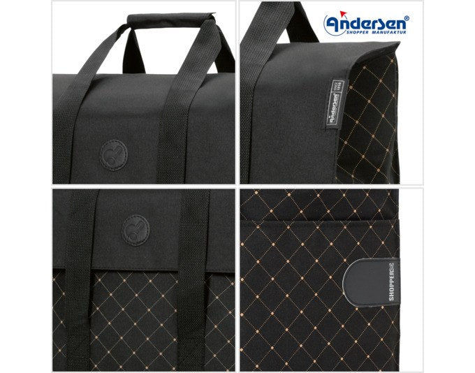 Schwarzer Einkaufstrolley ANDERSEN Scala Lisa mit Aluminiumgestell, abnehmbarer Tasche und Treppensteigerrädern mit 13 cm Durchmesser.