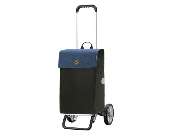 Blauer Einkaufstrolley ANDERSEN Alu Star Hera mit Aluminiumgestell, Flüsterrädern und abnehmbarer Stofftasche, Ansicht seitlich.