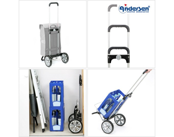 Blauer Einkaufstrolley ANDERSEN Alu Star Hera mit Aluminiumgestell, Flüsterrädern und abnehmbarer Stofftasche, Ansicht seitlich.