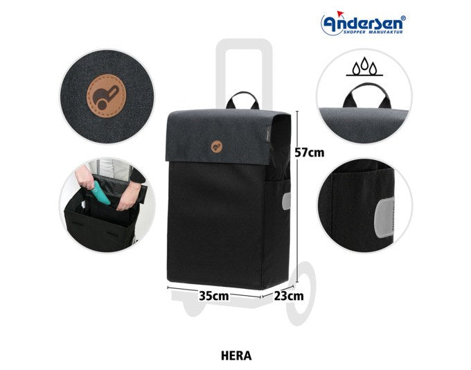 Schwarze Einkaufstasche ANDERSEN Hera aus robustem Material, rechteckige Form, abnehmbar, kompatibel mit Andersen Shopper Fahrgestellen.