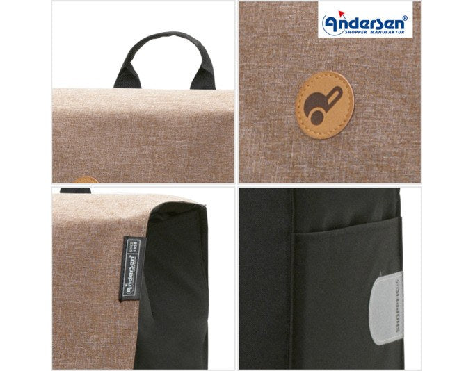 Sandfarbener Einkaufswagen mit leichtem Aluminiumgestell, abnehmbarer Tasche in Sand und zwei Treppensteigerrädern mit je drei kleinen Laufrollen.