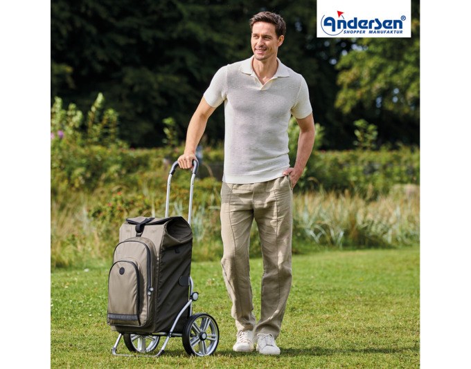 Einkaufswagen ANDERSEN Royal Hydro 3.0 in Olivgrün mit Aluminiumgestell, abnehmbarer Tasche und zwei grossen Rädern, seitliche Ansicht.