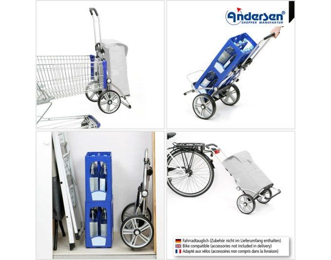 Einkaufswagen ANDERSEN Royal Hydro 3.0 in Olivgrün mit Aluminiumgestell, abnehmbarer Tasche und zwei grossen Rädern, seitliche Ansicht.