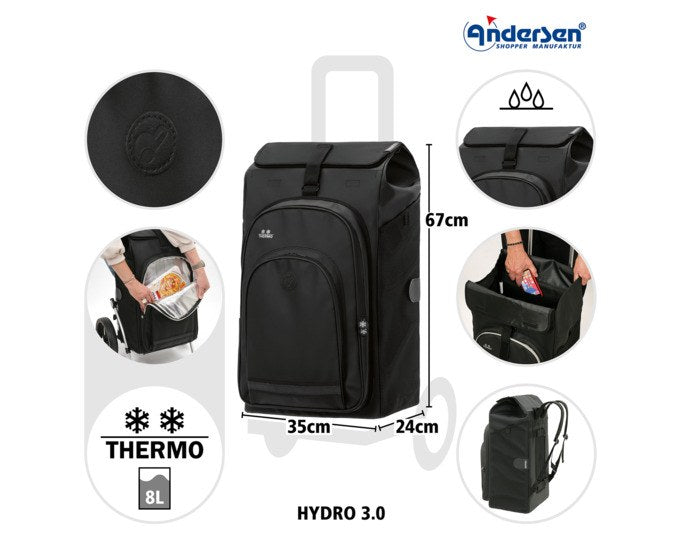 Schwarzer ANDERSEN Einkaufswagen Royal Hydro 3.0 mit Aluminiumgestell, Flüsterrädern und abnehmbarer isolierter Vortasche, freigestellt fotografiert.