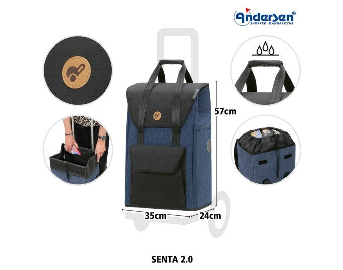 Blauer ANDERSEN Einkaufswagen Royal Senta 2.0 mit Aluminiumgestell, abnehmbarer Tasche und zwei grossen Rädern, freigestellt fotografiert.
