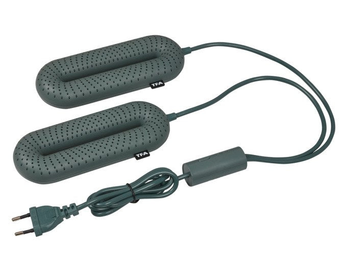 Weisses Kunststoffgehäuse eines TFA Schuhtrockners elektrisch mit Netzkabel, Netzstecker und Timer, kompakte Bauform für Schuhe.
