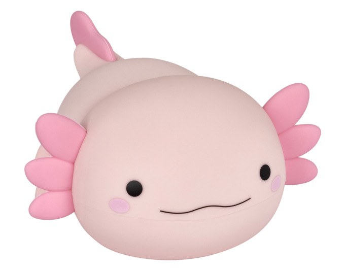 Rosa Nachtlicht in Axolotl-Form aus Soft-Silikon, kompakte Grösse für Kinderzimmer, mit USB-Ladekabel.
