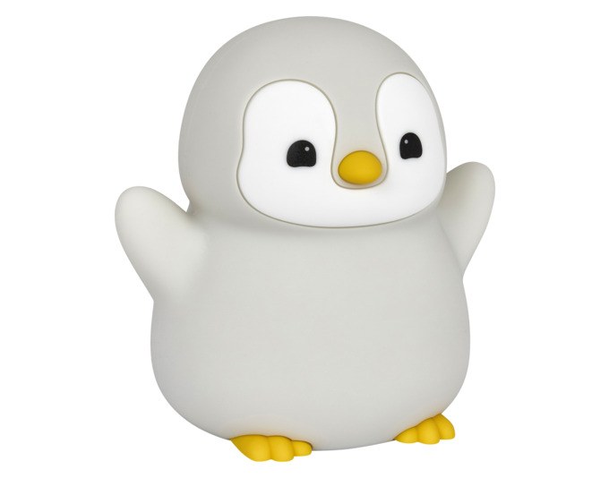 Nachtlicht in Pinguinform aus hellgrauem Soft-Silikon, kompakte Grösse für Kinderzimmer, mit USB-Anschluss zum Aufladen.