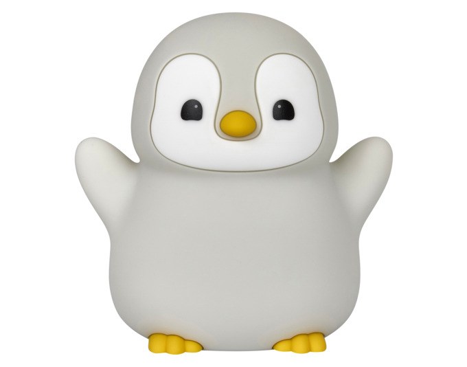Nachtlicht in Pinguinform aus hellgrauem Soft-Silikon, kompakte Grösse für Kinderzimmer, mit USB-Anschluss zum Aufladen.