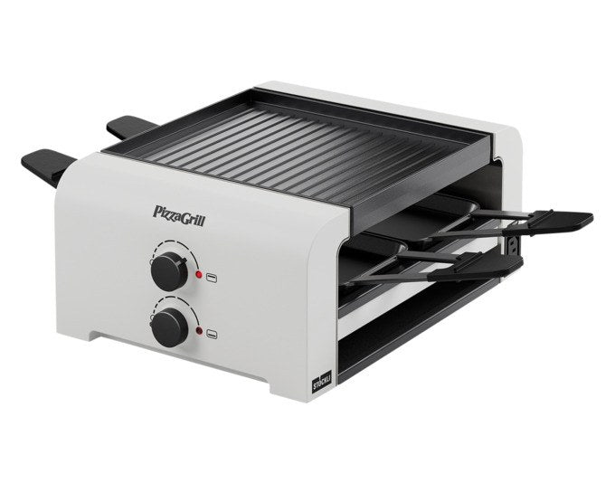 Weisser STÖCKLI Tischgrill PizzaGrill 4 Connect mit vier antihaftbeschichteten Pfännchen und wendbarer Aluguss-Grillplatte auf hellem Untergrund.