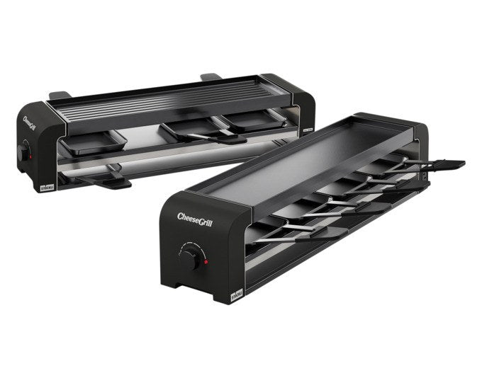 Schwarzer STÖCKLI Tischgrill CheeseGrill 4 Connect mit antihaftbeschichteten Pfännchen, Wende-Grillplatte und Parkdeck für Raclette und Grillgerichte.
