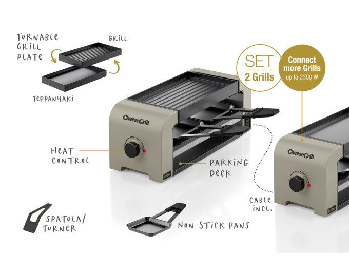 Tischgrill STÖCKLI CheeseGrill 2 Connect Set in Ivory Gold mit vier Pfännchen, Wende-Grillplatte und Parkdeck auf hellem Hintergrund.
