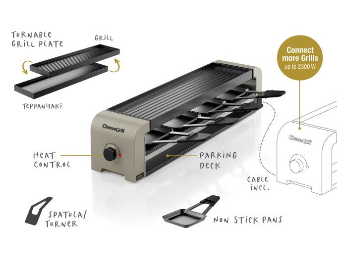 Tischgrill STÖCKLI CheeseGrill 4 Connect in Ivory Gold mit wendbarer Aluguss-Grillplatte, vier Pfännchen und Kunststoffspachteln.