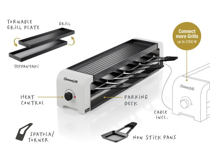 Weisser STÖCKLI Tischgrill CheeseGrill 4 Connect mit wendbarer Grillplatte, vier Pfännchen und Kunststoffspachteln auf hellem Untergrund.