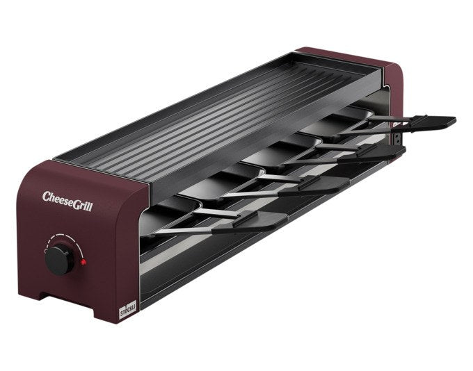 Roter STÖCKLI Tischgrill CheeseGrill 4 Connect mit vier antihaftbeschichteten Pfännchen und wendbarer Aluguss-Grillplatte für Raclette und Grillgerichte.