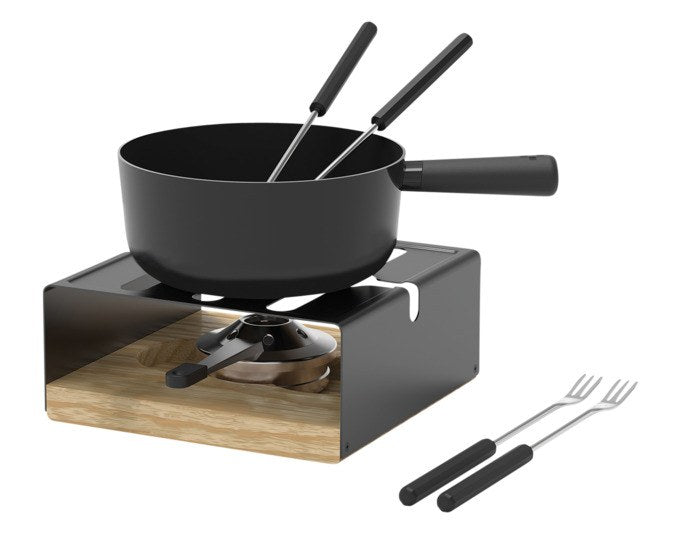 Schwarzes Caquelon aus Stahl-Email mit passendem Rechaud und sechs Käsefonduegabeln, rundes Fondue-Set von STÖCKLI mit 19 cm Durchmesser.