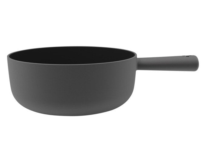 Schwarzes Fonduecaquelon aus emailliertem Gusseisen von STÖCKLI, rund, Durchmesser 20 cm, Volumen 2 Liter, mit glatter, glänzender Oberfläche.
