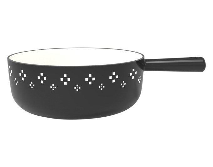 Schwarzes Caquelon aus emailliertem Gusseisen mit weissem Kreuzdekor, rundem Boden, Durchmesser 22 cm, für Käsefondue.