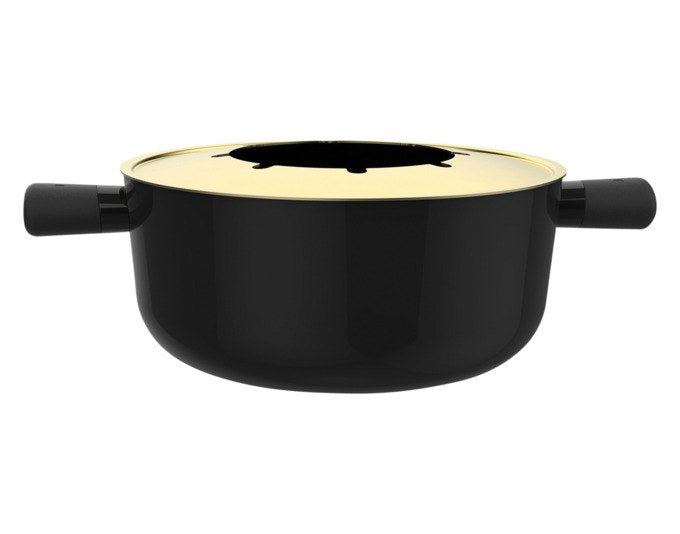 Schwarzer Fonduetopf aus Stahl-Email mit zwei schwarzen Bakelitgriffen und Spritzschutz, Durchmesser 19 cm, STÖCKLI Emotion BL.