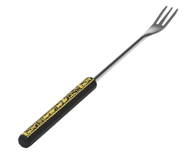 Sechs Käsefonduegabeln aus Edelstahl mit goldfarbenem Alp-Dekor, 9-eckigem Kunststoffgriff und drei Zinken, Länge 27.5 cm.