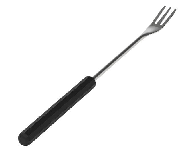 Sechs schwarze Käsefonduegabeln von STÖCKLI aus Edelstahl mit 9-eckigem Kunststoffgriff, Modell Silvaplana, Länge 27.5 cm, drei Zinken.