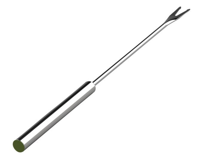 Sechs Fonduegabeln aus Edelstahl mit langen Stielen, stabilen Zinken und farbigen Markierungen am Griffende, jeweils 25.5 cm lang.