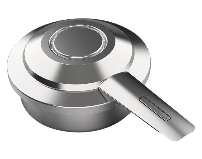 Silberfarbener Pastenbrenner aus Edelstahl mit rundem Durchmesser von 8.5 cm, arretierbare Konstruktion für Fondue-Rechauds.