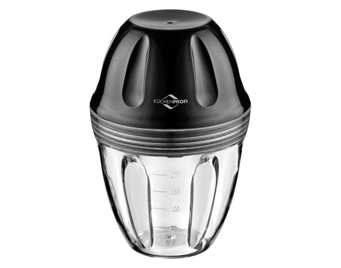 Mix- und Schüttelbecher von KÜCHENPROFI in Transparent und Schwarz, 3-teilig mit Mixeinsatz und aufgedruckter ml/oz-Skala, 250 ml Fassungsvermögen.