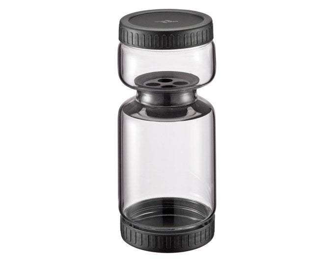 Abtropfglas Twist von KÜCHENPROFI aus Borosilikatglas mit schwarzem Schraubdeckel, Silikonsiebeinsatz und zwei Kammern zur Aufbewahrung.