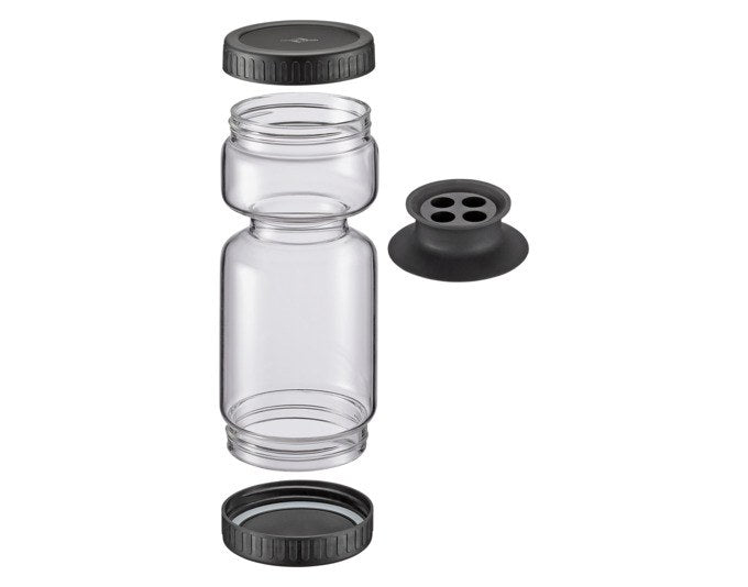 Abtropfglas Twist von KÜCHENPROFI aus Borosilikatglas mit schwarzem Schraubdeckel, Silikonsiebeinsatz und zwei Kammern zur Aufbewahrung.
