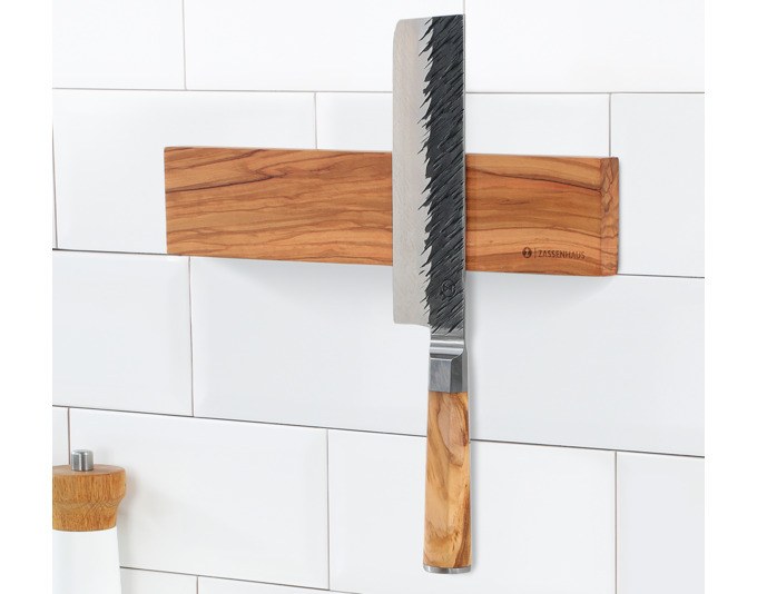 Braune Magnetleiste aus Echtholz mit sichtbarer Maserung, zur Wandmontage, für 3 Küchenmesser, Länge 30 cm, ZASSENHAUS Küchenhelfer.