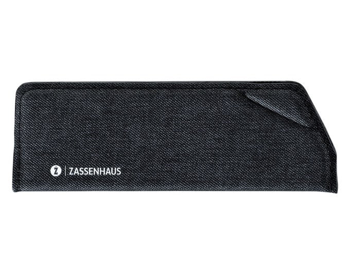 Anthrazitfarbener Klingenschutz von ZASSENHAUS, Grösse 17x5.5 cm, mit seitlicher Lasche und integriertem Magnet für Messerklingen.