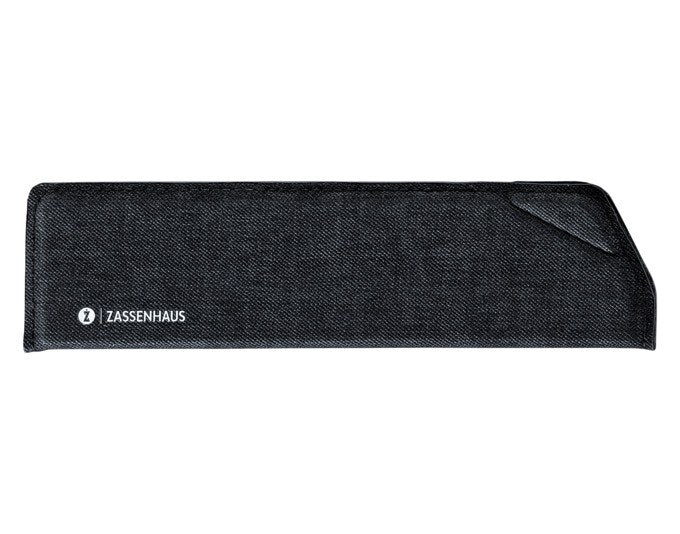 Anthrazitfarbener magnetischer Klingenschutz von ZASSENHAUS für Küchenmesser, längliche Form mit seitlicher Öffnungslasche und Magnethalterung.