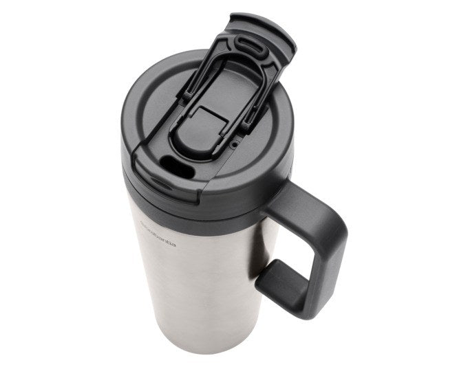 Grauer Isolierbecher Make&Take von BRABANTIA aus doppelwandigem Edelstahl mit drehbarem Deckel und integriertem Flip-Trinkhalm, 24 cm hoch.