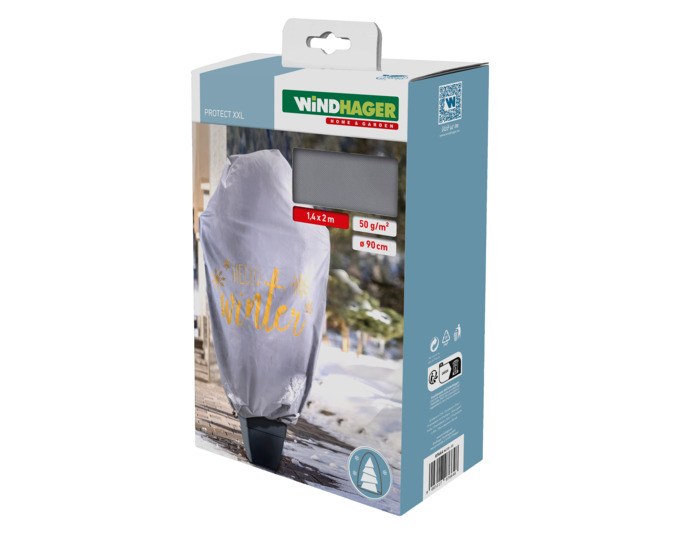 Graue Vlieshaube aus Polypropylenvlies mit Hello-Winter-Motiv, Zugkordel und Kordelstopper zum Schutz von Pflanzen im Garten.