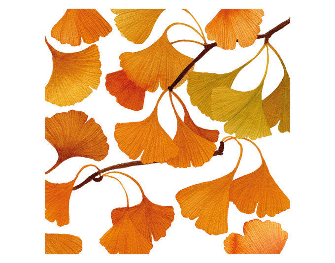 Bedruckte PPD Papierserviette Ginko, 33x33 cm, dreilagig aus Tissue, mit 1/4 Falzung, erhältlich in Weiss, Braun, Orange und Rot.